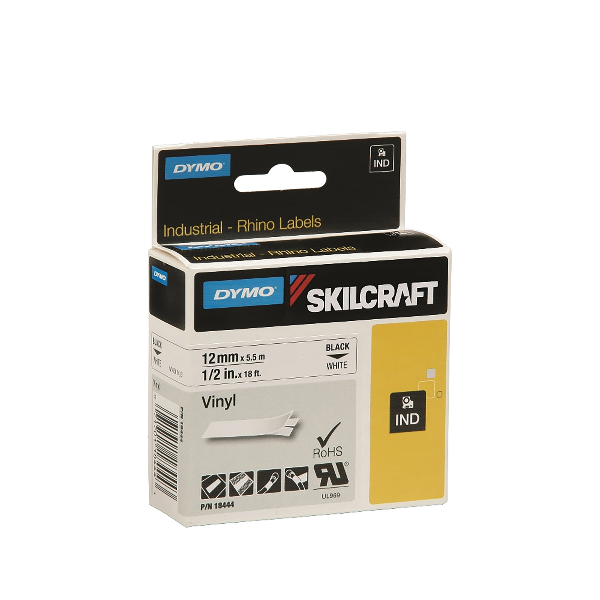 Cassette, Vinyl Label Tape, Industrial, 1/2", White/Black - Each