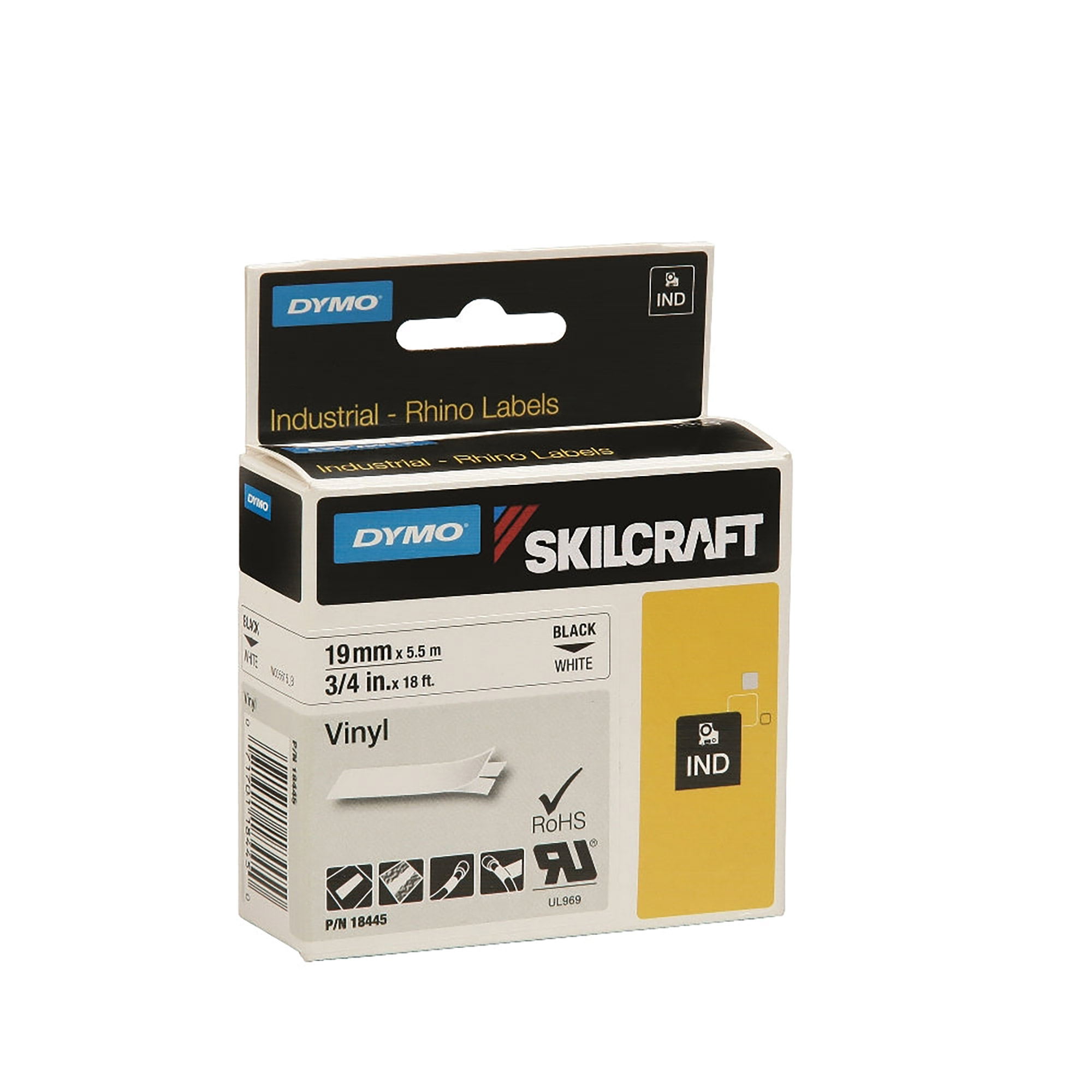 Cassette, Vinyl Label Tape, Industrial, 3/4" x 18', White/Black Print - Each