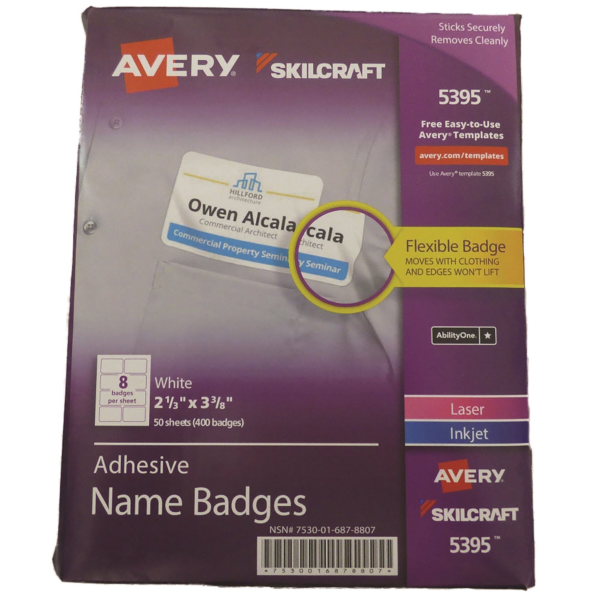Name Badge Laser/Inkjet 2-1/3" x 3-3/8" White 50 Sheets/PK