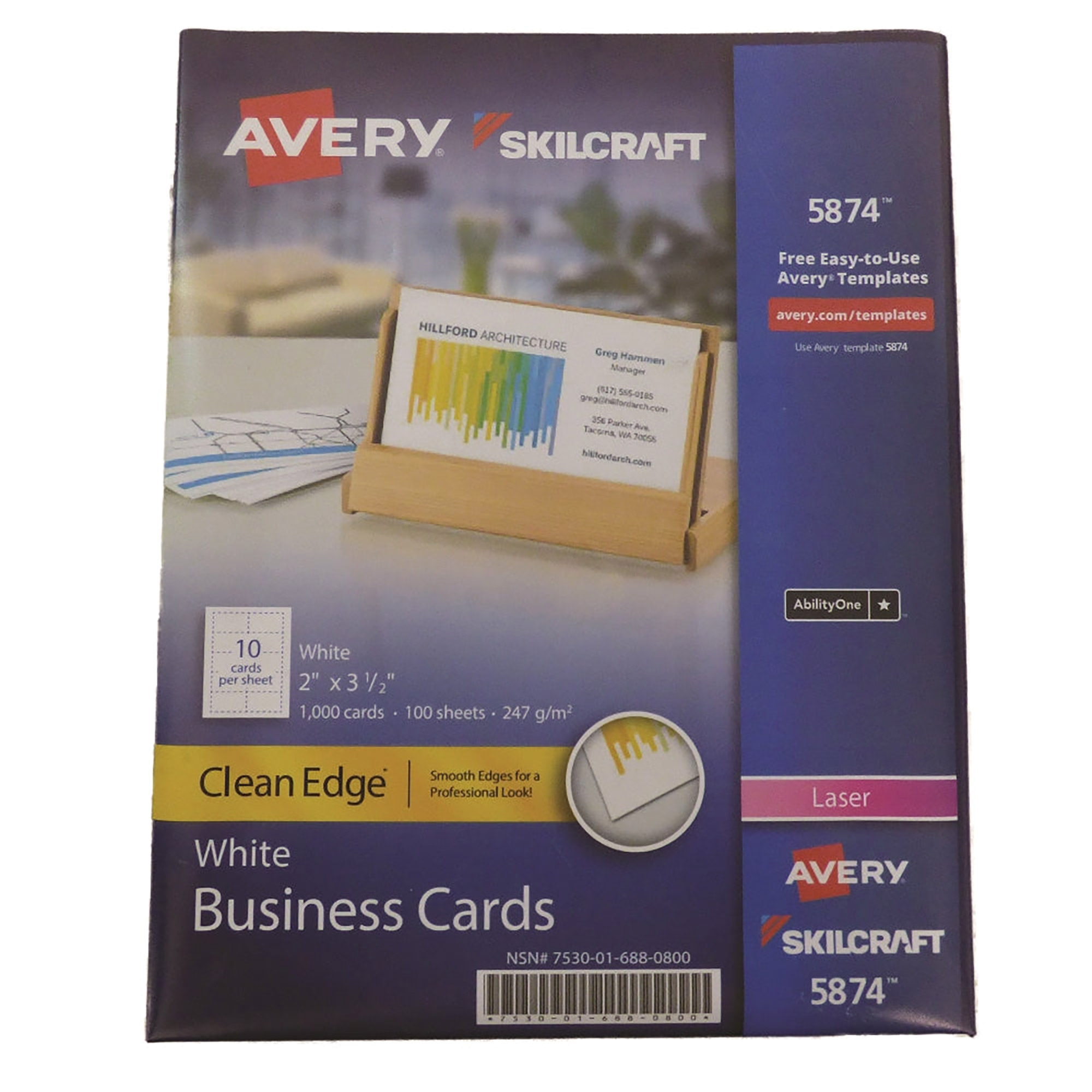 Business Card Uncoate Two-Side Print White 2" x 3.5", 1000 Cards, 100 Sheets/BX