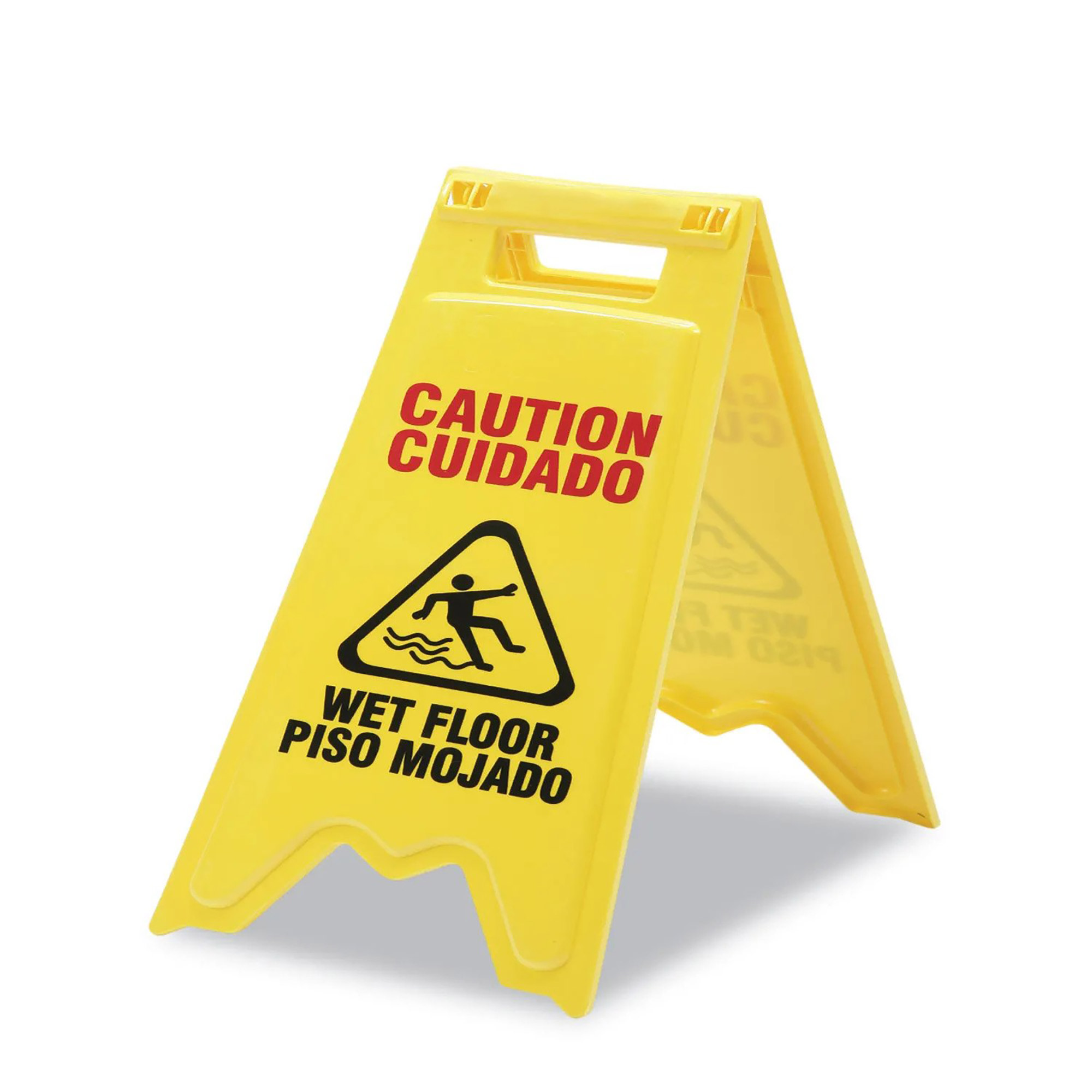 Wet Floor Sign, Yellow, 11 x 28, Caution, 2-sided, English & Spanish - Each